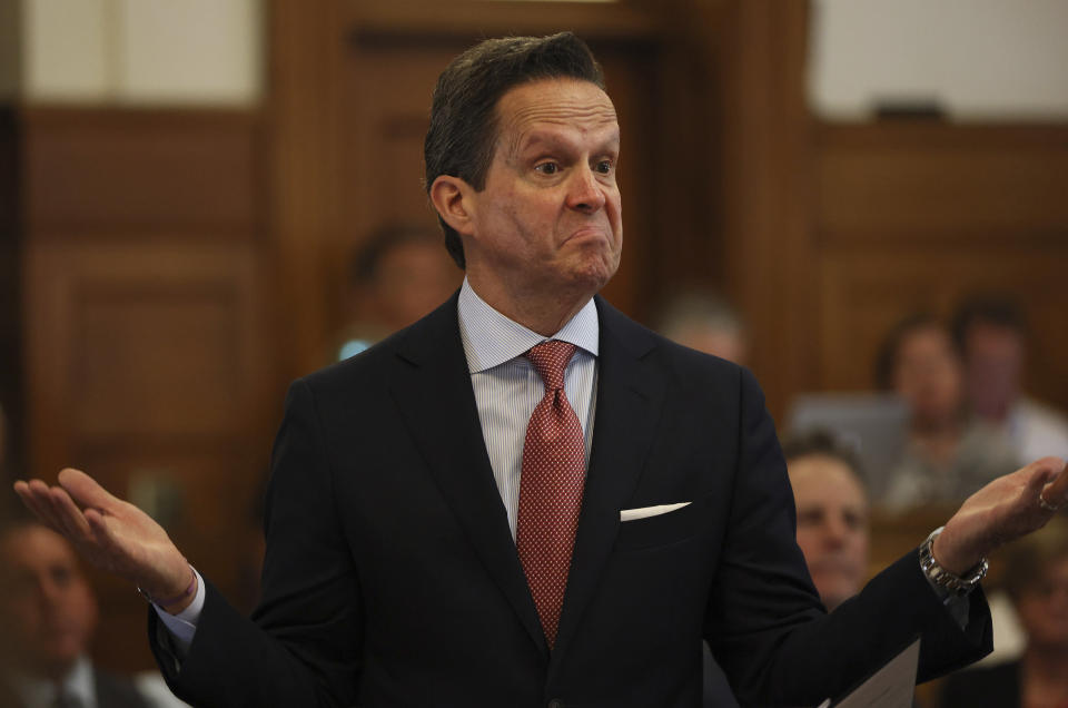 Defense attorney Alan Jackson gives his closing arguments in the Karen Read trial at Norfolk Superior Court on Tuesday, June 25, 2024 in Dedham, Mass. Read is accused of killing her boyfriend Boston police Officer John O'Keefe, in 2022. (Nancy Lane/The Boston Herald via AP, Pool)