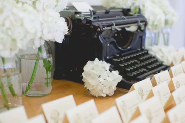 escort card display, vintage typewriter, rustic spring green wedding, Morrissey Photography