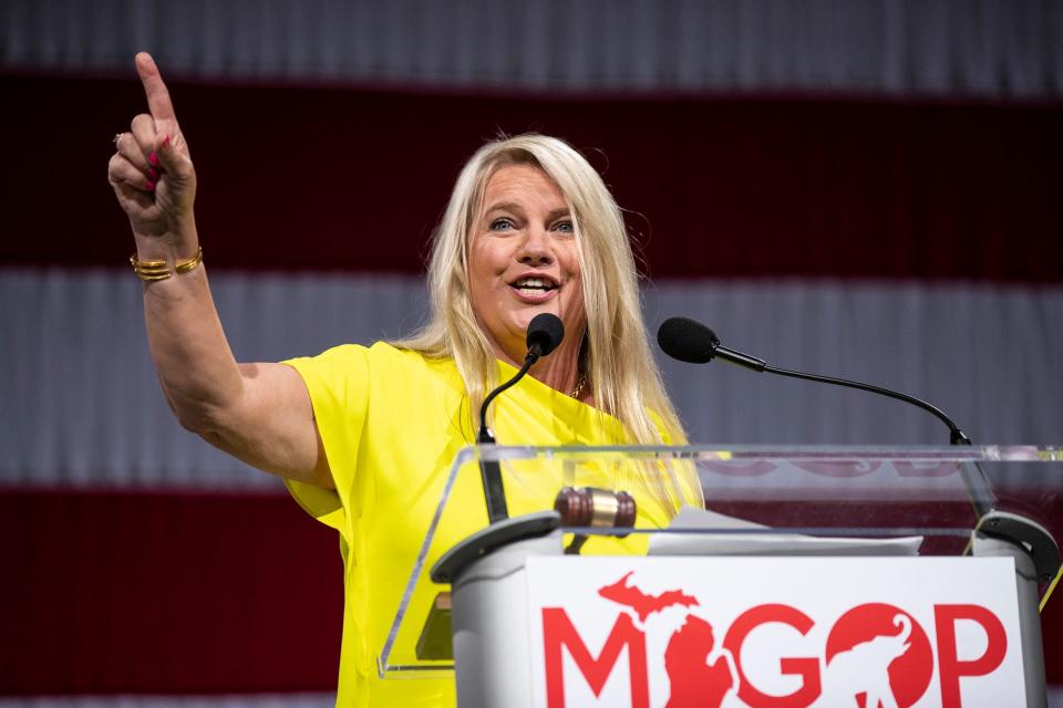 Michigan Republican Party co-chair Meshawn Maddock announces the statewide candidate's nominations during the MIGOP State Nominating Convention at the Lansing Center in Lansing on Aug. 27, 2022.