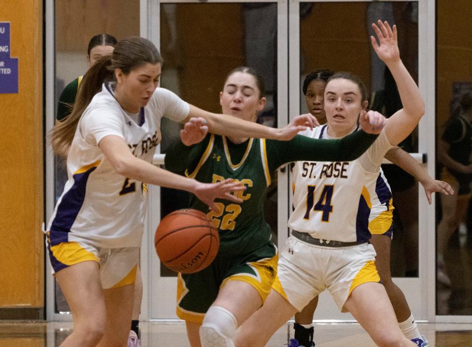 St Rose Rosie Scognamiglio steal ball from Red Bank Casey Prior in first half action. Red Bank Catholic Girls Basketball edges out St. Rose on February 2, 2023 in Belmar, NJ. 