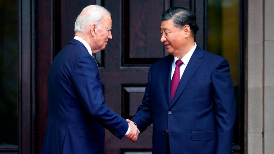 PHOTO: In this Nov. 15, 2023, file photo, President Joe Biden greets China's President President Xi Jinping at the Filoli Estate in Woodside, Calif., on the sidelines of the Asia-Pacific Economic Cooperative conference.  (Doug Mills/The New York Times, Pool via AP)