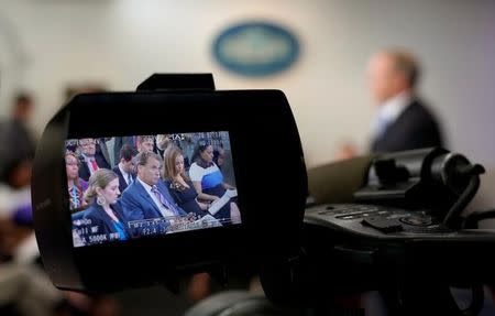 Reporters are seen in the viewing screen of an unattended TV camera as White House spokesman Sean Spicer holds a off-camera briefing (no TV) at the White House in Washington, U.S., June 26, 2017. REUTERS/Kevin Lamarque