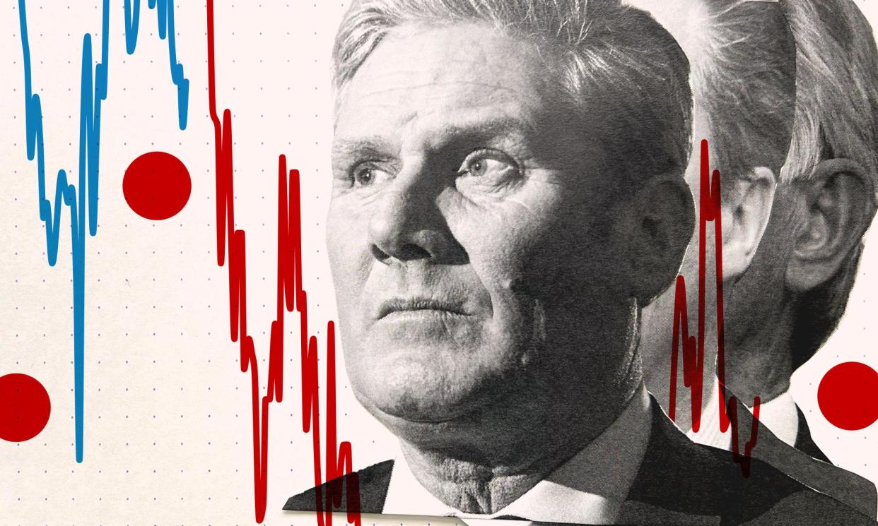 <span>Polling suggests voters are not as satisfied with Keir Starmer as they were with Tony Blair or David Cameron.</span><span>Composite: Guardian Design/Sopa/Rex/Shutterstock/Getty/Murdo MacLeod</span>