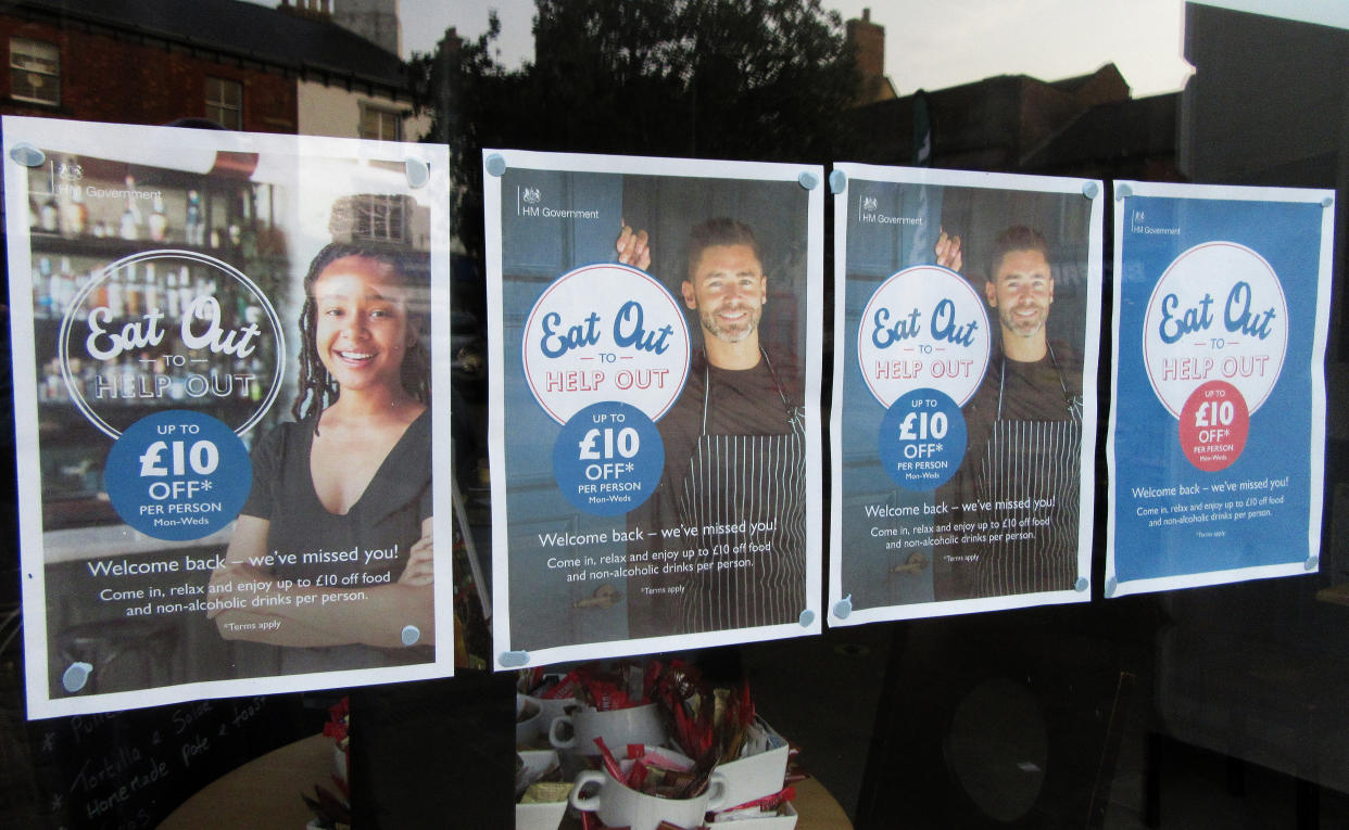  Advertisement signs seen outside a bar&restaurant for the Eat Out to Help Out scheme. UK Chancellor Rishi Sunak's �Eat Out To Help Out� scheme has been used over 10 million times in its first week. Diners receive a 50\% discount, up to �10 each, on food or non-alcoholic drinks every Monday, Tuesday and Wednesday during August. The scheme is to help boost the ailing hospitality industry which has been hard hit during the coronavirus pandemic. (Photo by Keith Mayhew / SOPA Images/Sipa USA) 