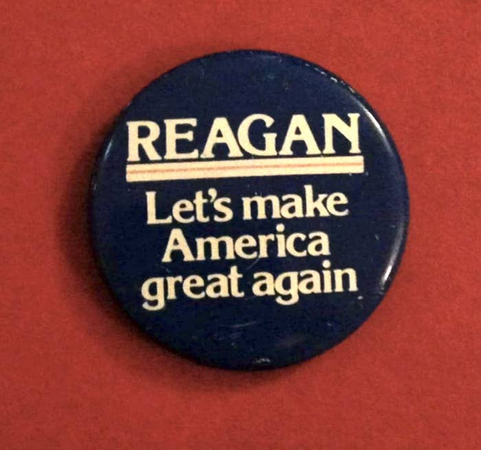 Button reads "REAGAN Let's make America great again" on a navy background