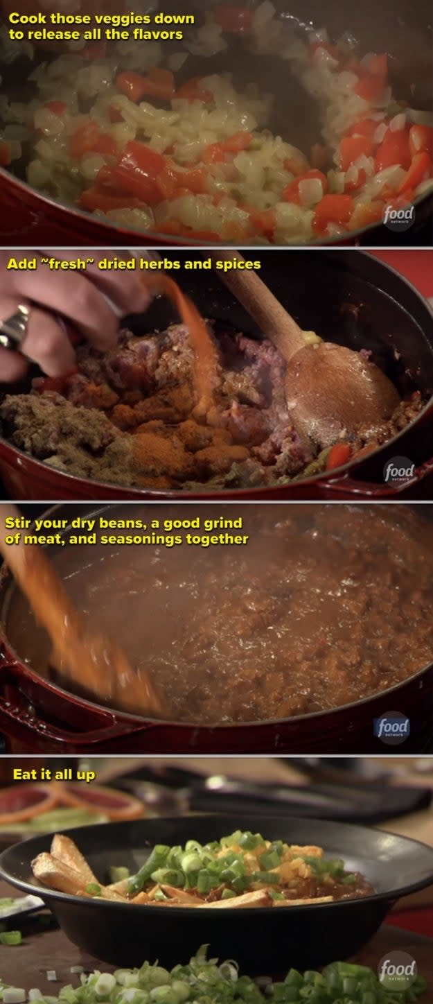 Guy cooking his veggies in a pot, adding seasoning, and mixing the chili