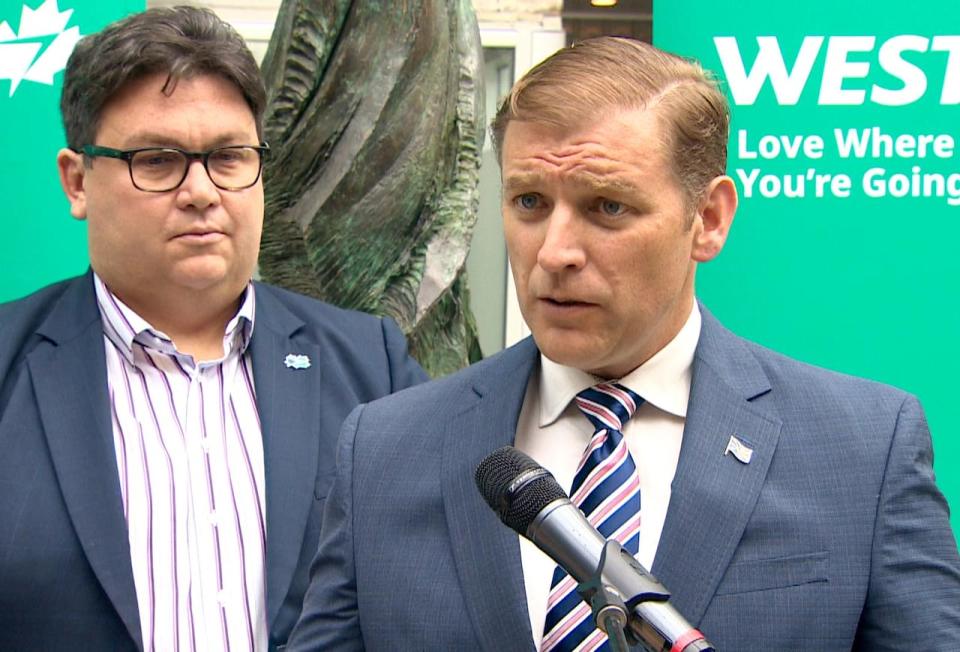 Premier Andrew Furey and WestJet vice-president Andrew Gibbons unveiled a new direct route from St. John's to Alberta Monday.