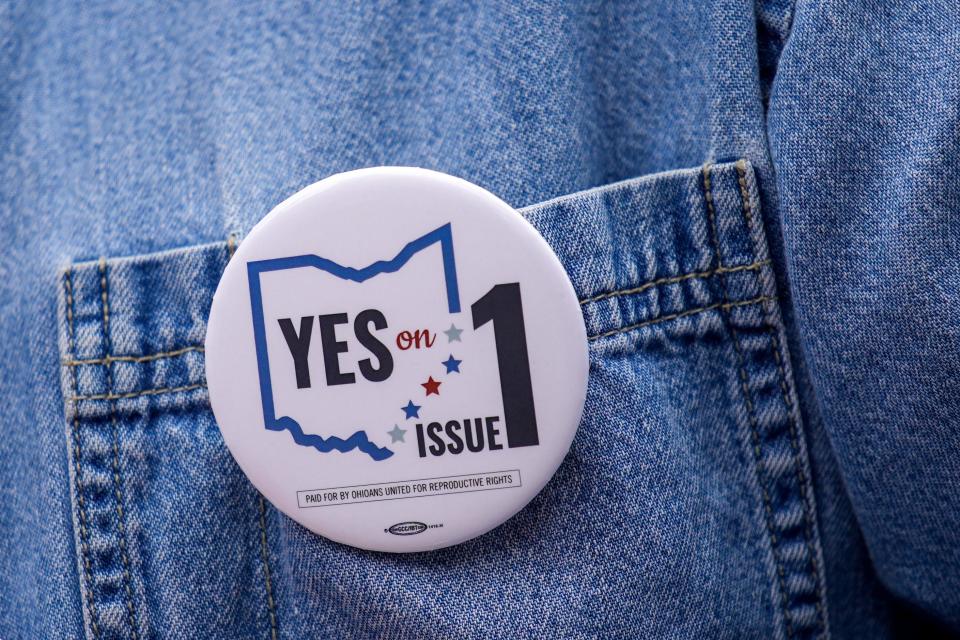 Oct 8, 2023; Columbus, Ohio, USA;
Buttons handed out during the abortion rights rally on Sunday, Oct. 8, 2023 in front of the Ohio Statehouse.