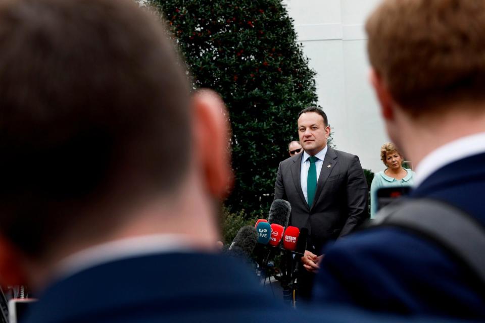 PHOTO: Irish Taoiseach Leo Varadkar speaks to reporters outside of the West Wing of the White House following a meeting with President Joe Biden, March 15, 2024, in Washington. (Anna Moneymaker/Getty Images)