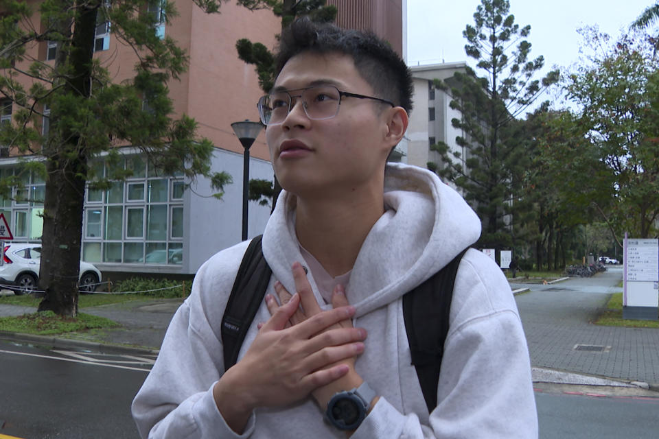 Henry Su, a 19-year-old economics student at National Taiwan University in Taipei spoke on Jan. 3, 2024 at the University campus in Taipei saying many of his friends are very pro-Ko and "they think he's pretty good," though he personally leans toward supporting Lai.(AP Photo/Johnson Lai)