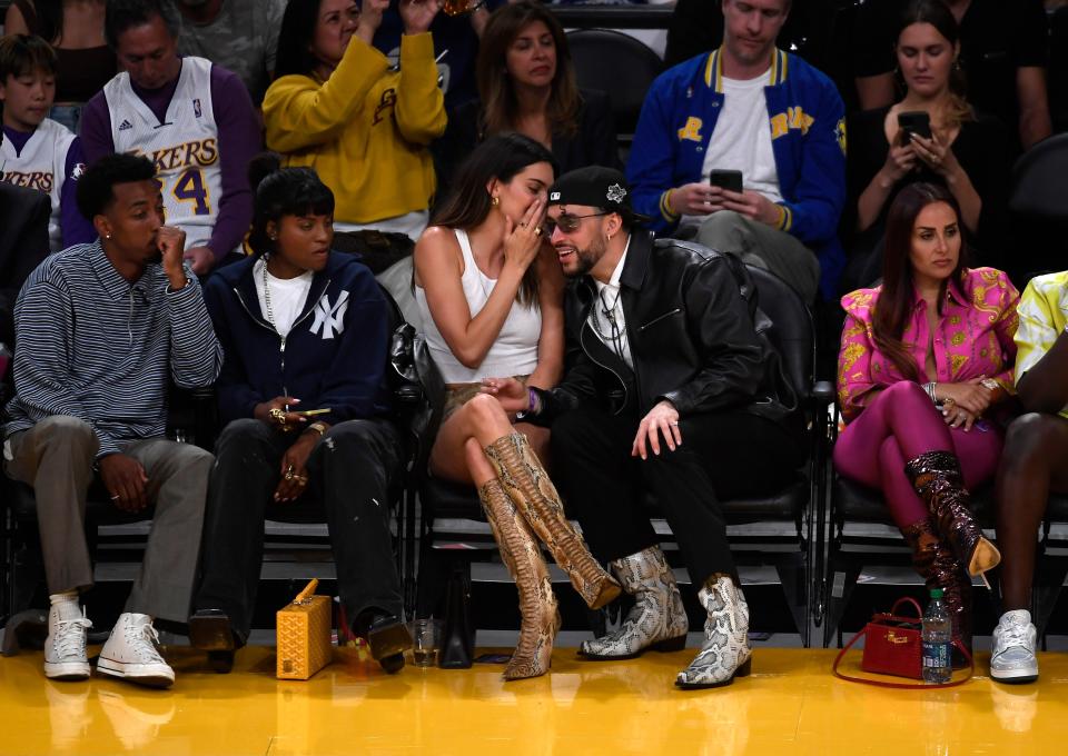 LOS ANGELES, CALIFORNIA - MAY 12: Kendall Jenner and Bad Bunny attend the Western Conference Semifinal Playoff game between the Los Angeles Lakers and Golden State Warriors at Crypto.com Arena on May 12, 2023 in Los Angeles, California. (Photo by Kevork Djansezian/Getty Images)