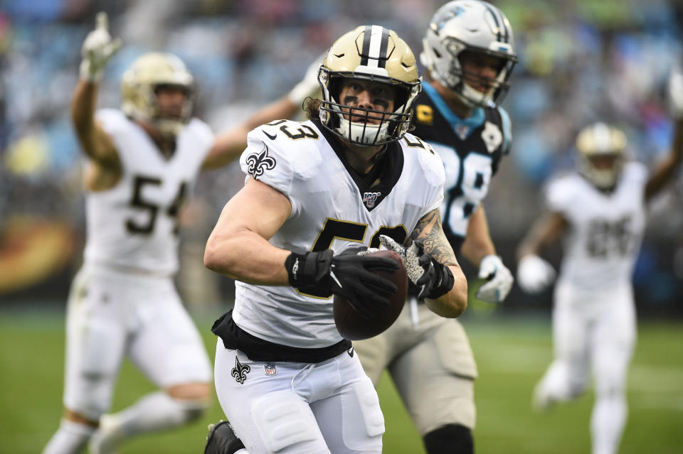 Dec 29, 2019; Charlotte, North Carolina, USA; New Orleans Saints outside linebacker A.J. Klein (53) returns an interception for a touchdown in the second quarter at Bank of America Stadium. Mandatory Credit: Bob Donnan-USA TODAY Sports