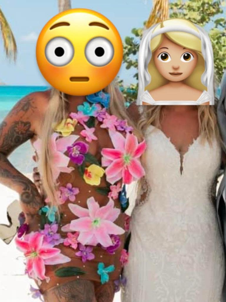 The wedding guest wore a nude dress with over sized flowers. Reddit
