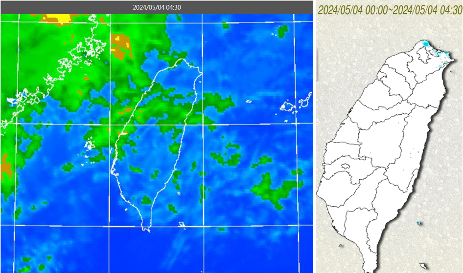 今日清晨4時30分紅外線色調強化雲圖顯示，台灣上空雲層鬆散（左）；累積雨量圖顯示，北海岸有零星降雨（右）。翻攝自氣象應用推廣基金會