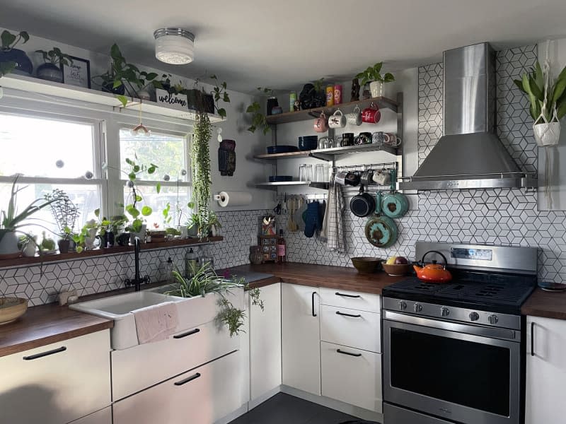 Kitchen with geometric tile backsplash, white cabinets, and open shelves with lots of plants