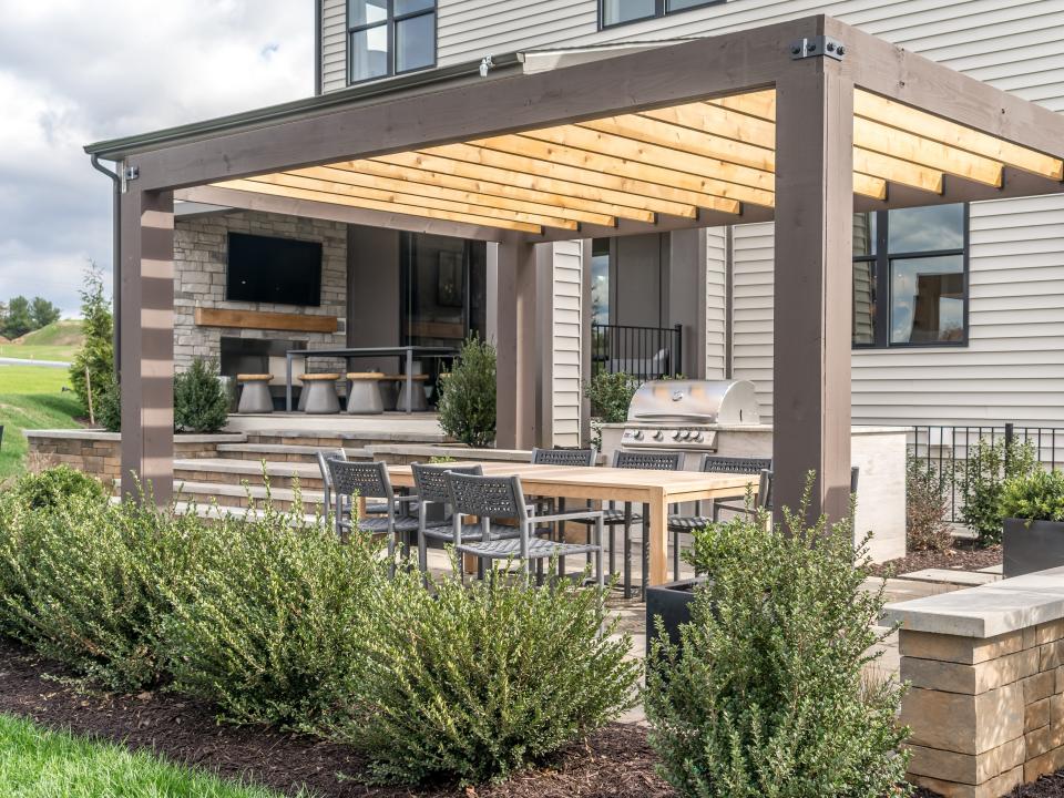 Patio with plants surrounding it