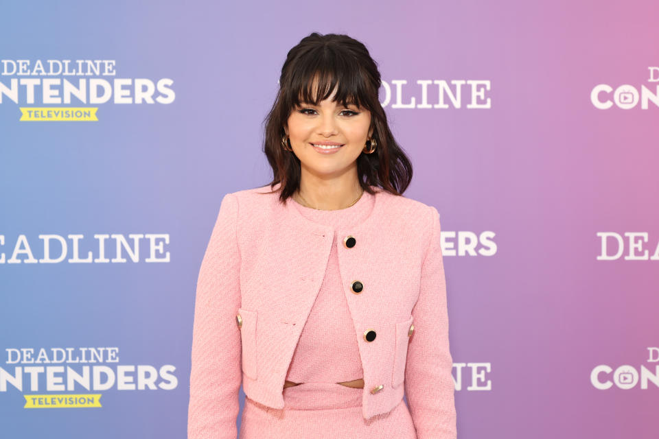 Selena Gomez in a pink suit