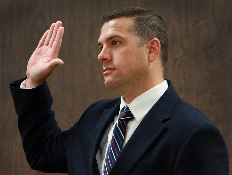 Portsmouth police Sgt. Aaron Goodwin is seen during the Geraldine Webber Revocable Living Trust hearing at the 7th Circuit-Probate Division-Dover in spring 2015.