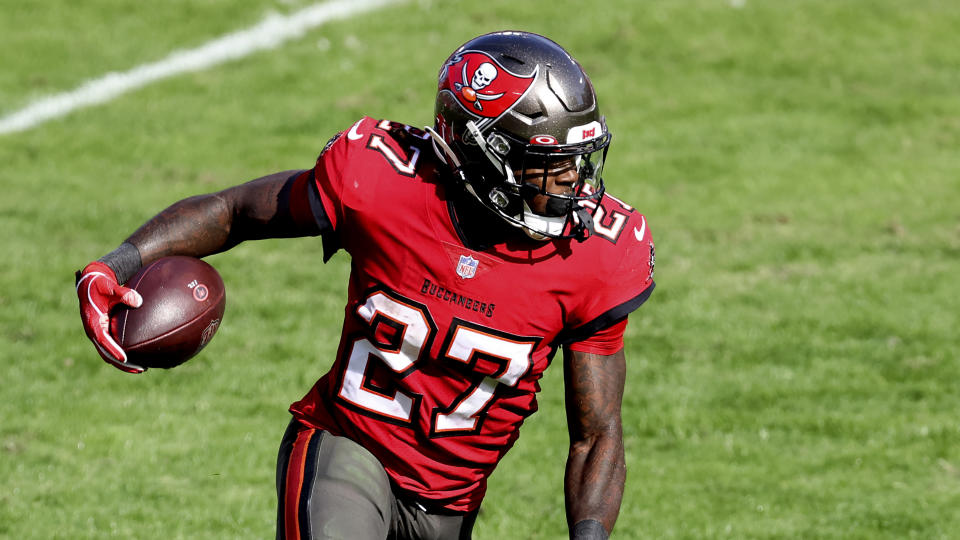 Tampa Bay Buccaneers running back Ronald Jones II (27) during the first half of an NFL football game against the Minnesota Vikings Sunday, Dec. 13, 2020, in Tampa, Fla. (AP Photo/Mark LoMoglio)