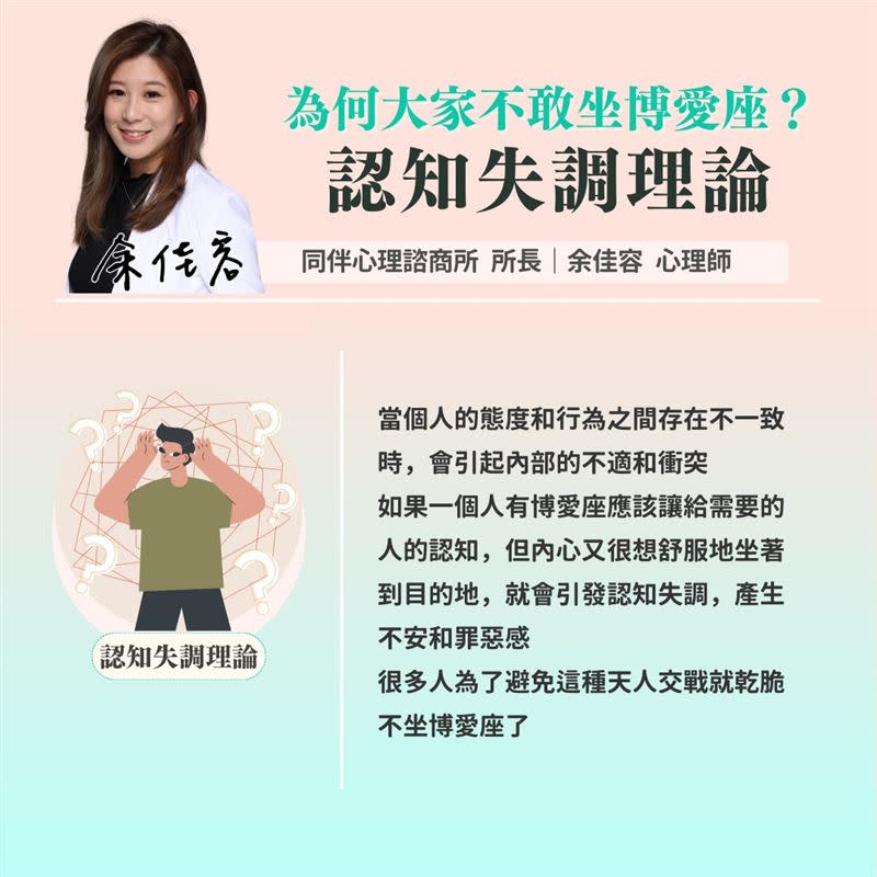 心理師表示，許多人為了避免內心的天人交戰，乾脆選擇不坐博愛座。（圖／資料圖、台北市同伴心理諮商所 余佳容所長 提供)