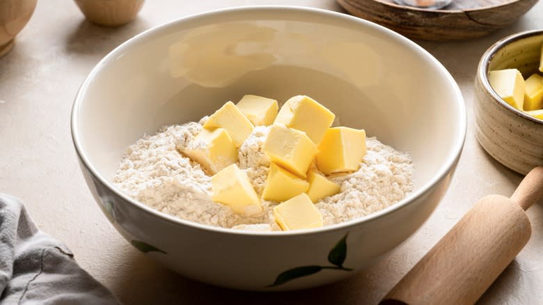 flour and butter in mixing bowl
