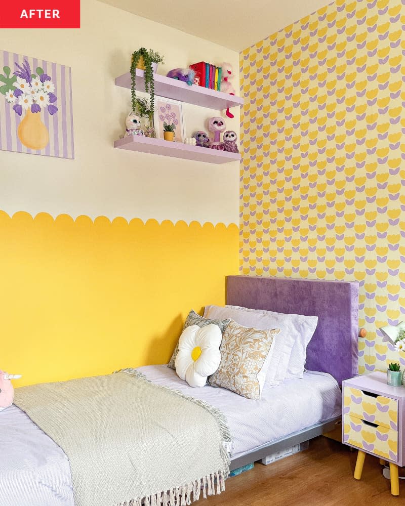 A yellow and purple renovated bedroom with floral wallpaper and yellow wall decal.