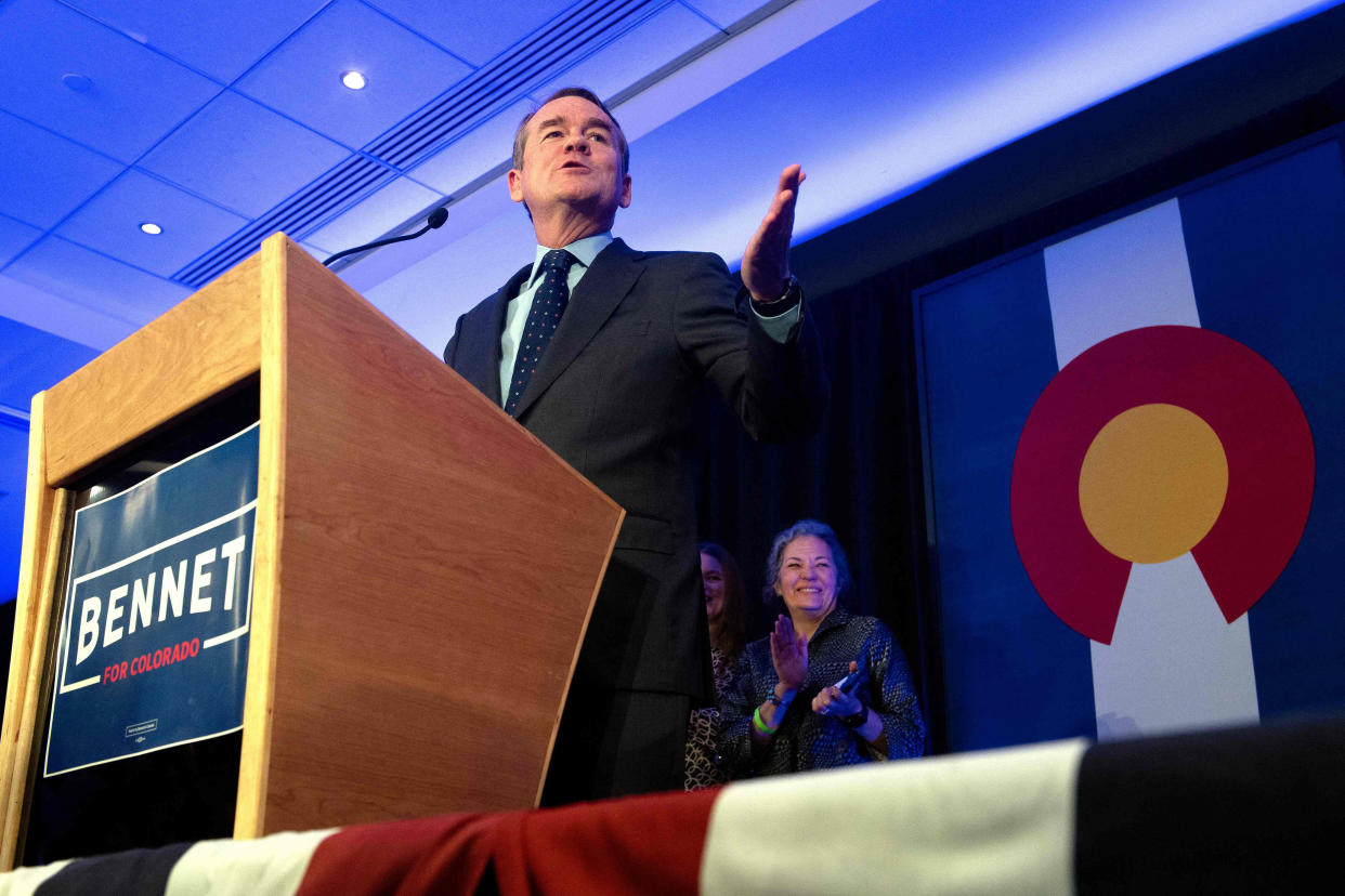 Democratic Sen. Michael Bennett celebrates his victory in Denver, Colorado on Tuesday.  (Jason Connolly / AFP - Getty Images)