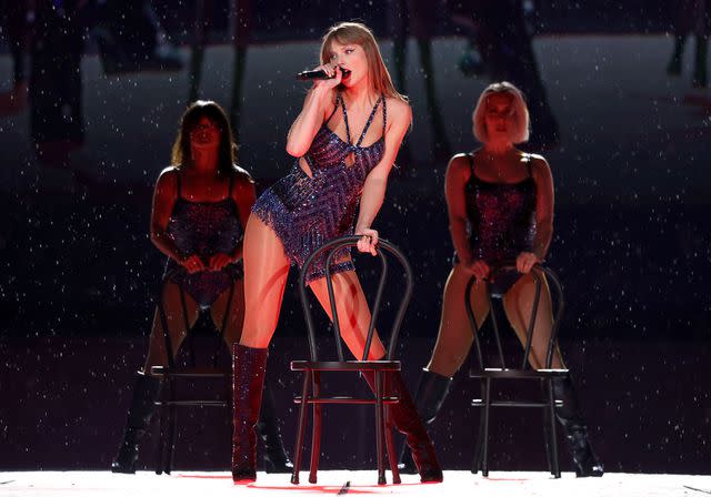 <p>Kevin Mazur/Getty</p> Taylor Swift performs on June 21, 2024 in London, England.