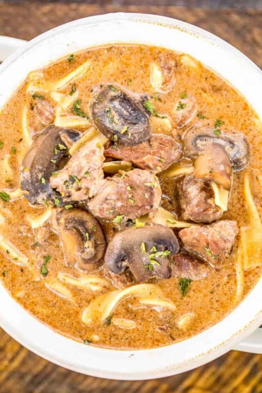 <p>Plain Chicken</p><p>Serve over a bed of egg noodles and call it a meal!</p><p><strong>Get the recipe: <a href="https://www.plainchicken.com/slow-cooker-beef-stroganoff-soup/" rel="nofollow noopener" target="_blank" data-ylk="slk:Slow Cooker Beef Stroganoff Soup;elm:context_link;itc:0;sec:content-canvas" class="link rapid-noclick-resp">Slow Cooker Beef Stroganoff Soup</a></strong></p><p><strong>Related: <a href="https://parade.com/939652/kristamarshall/best-ground-beef-stroganoff-recipe/" rel="nofollow noopener" target="_blank" data-ylk="slk:Ground Beef Stroganoff;elm:context_link;itc:0;sec:content-canvas" class="link rapid-noclick-resp">Ground Beef Stroganoff</a></strong></p>