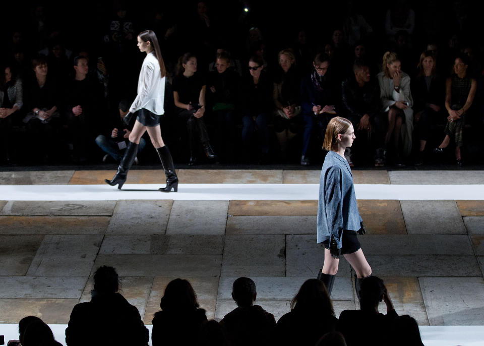 Models walk the runway at the Fall 2013 Theyskens’ Theory Runway Show, on Monday, February 11, 2013, in New York. (Photo by Dario Cantatore/Invision/AP)