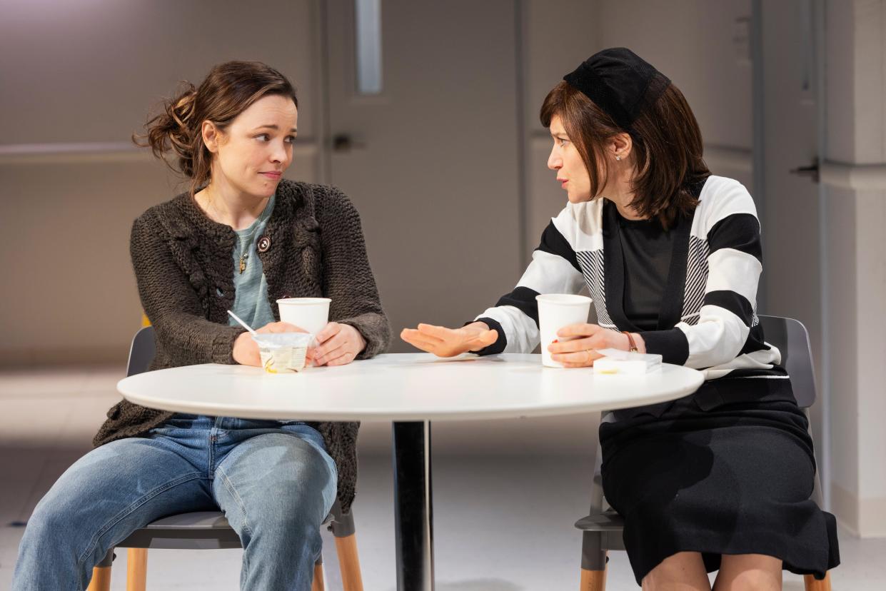 While at a hospital, Mary Jane (Rachel McAdams, left) finds kindness and connection with a fellow mom (Susan Pourfar).