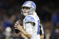 FILE - Detroit Lions quarterback Jared Goff (16) looks to pass during an NFL football game against the New Orleans Saints on Sunday, December 3, 2023, in New Orleans. The intensity of NFL fandom that increased with the surge of fantasy football has spiked further in the age of online betting. “When you used to lose, you would hear about it because of a fan’s loyalty to the team. They want to win. Now you hear about it because they’re losing their money because of you,” Goff said. (AP Photo/Matt Patterson, File)