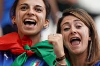 Italian supporters pose ahead of the France 2019 Women's World Cup Group C football match between Jamaica and Italy, on June 14, 2019, at the Auguste-Delaune Stadium in Reims, eastern France. (Photo by Lionel Bonaventure/AFP/Getty Images)