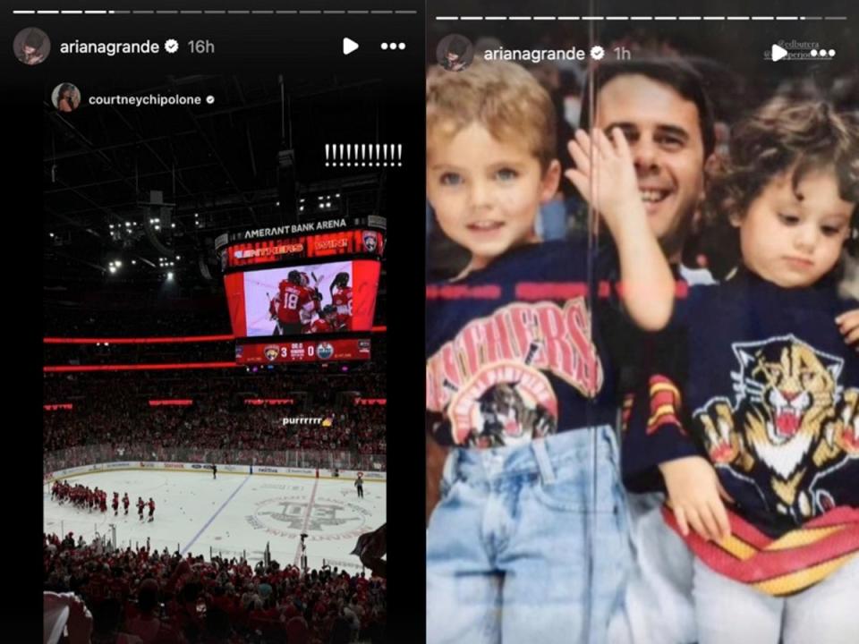 Ariana Grande posts a photo from the Florida Panthers game alongside a throwback image of her with her dad (Instagram / Ariana Grande)