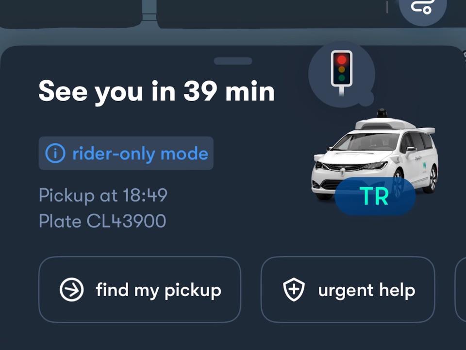 A screenshot of the Waymo route in the app showing the pick up is in 39 minutes.