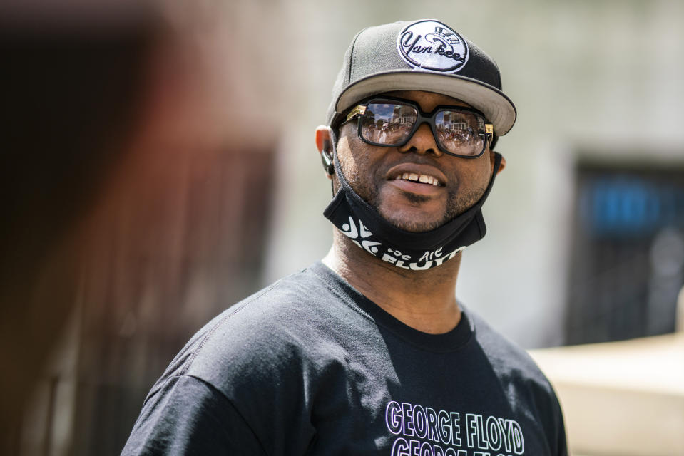 Terrence Floyd, brother of George Floyd, attends a rally on Sunday, May 23, 2021, in Brooklyn borough of New York. George Floyd, whose May 25, 2020 death in Minneapolis was captured on video, plead for air as he was pinned under the knee of former officer Derek Chauvin, who was convicted of murder and manslaughter in April 2021. (AP Photo/Eduardo Munoz Alvarez)