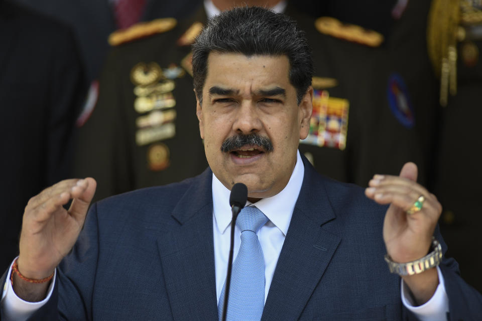 Nicol&aacute;s Maduro speaks at the Miraflores Presidential Palace in Caracas, Venezuela, on March 12, 2020. The first cases of the coronavirus in Venezuela were confirmed the next day. (Photo: AP Photo/Matias Delacroix)