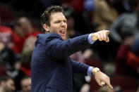 Sacramento Kings head coach Luke Walton yells instructions to players during the second half of an NBA basketball game against the Chicago Bulls in Chicago, Friday, Jan. 24, 2020. (AP Photo/Nam Y. Huh)