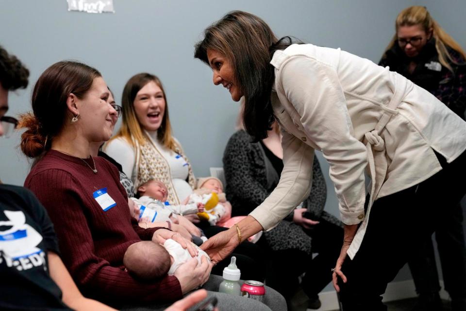 PHOTO: Republican presidential candidate former UN Ambassador Nikki Haley greets patients during a visit to Hope on Haven Hill, a wellness center, Jan. 17, 2024, in Rochester, N.H.  (Robert F. Bukaty/AP)