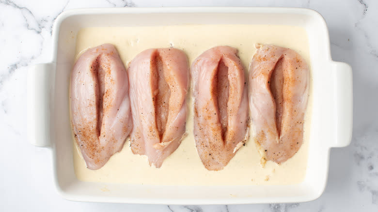chicken breasts in casserole dish