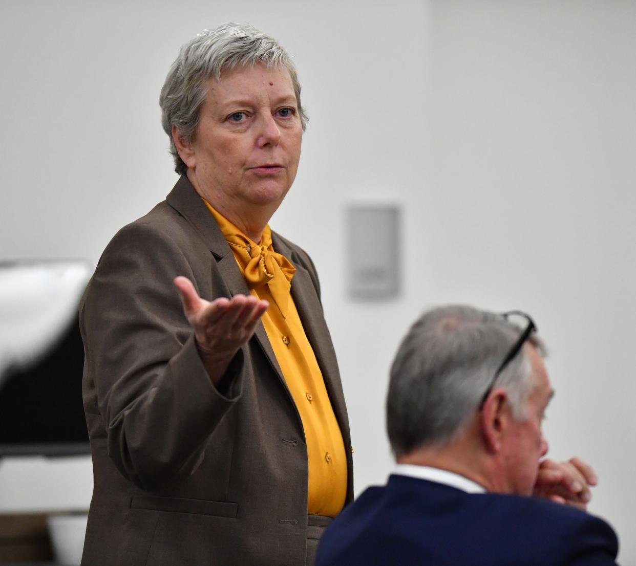 Johns Hopkins All Children's Hospital attorney Patricia Crauwels in court on Tuesday, Oct. 3, 2023 at the South County Courthouse in Venice, Florida. The Kowalski family is suing Johns Hopkins All Children's Hospital for false imprisonment, negligent infliction of emotional distress, medical negligence, battery, and other claims more than a year after the family matriarch, Beata Kowalski, took her life following allegations she was abusing her daughter, Maya Kowalski. Pool photo/Mike Lang/Sarasota Herald-Tribune