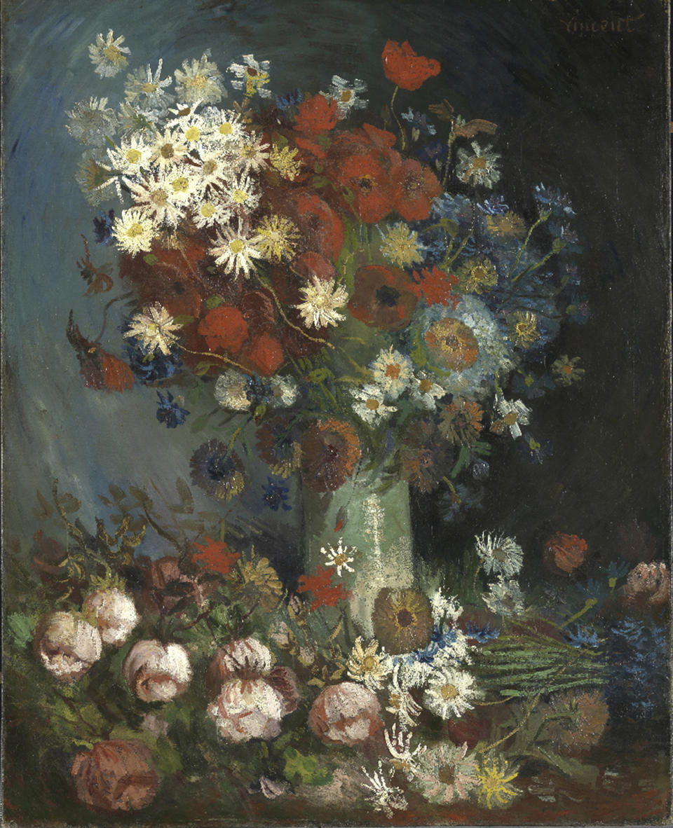 This photo provided by the Kroeller Mueller Museum in Otterlo, Netherlands, Tuesday, March 20, 2012, shows a painting entitled "Still life with meadow flowers and roses" by Vincent van Gogh. The Kroeller Mueller Museum says new X-ray research has finally put beyond doubt that "Still life with meadow flowers and roses" really is by Van Gogh. It has also uncovered in greater detail an art school study by Van Gogh of two wrestlers concealed on the same canvas and invisible to the naked eye. (AP Photo/Kroeller Mueller Museum, HO) EDITORIAL USE ONLY