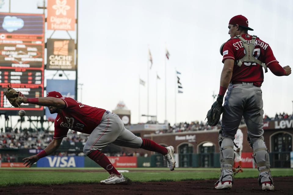 Cincinnati Reds first baseman Christian Encarnacion-Strand, left, is unable to catch a ball hit to foul territory by San Francisco Giants' Casey Schmitt during the second inning of a baseball game Tuesday, Aug. 29, 2023, in San Francisco. (AP Photo/Godofredo A. Vásquez)