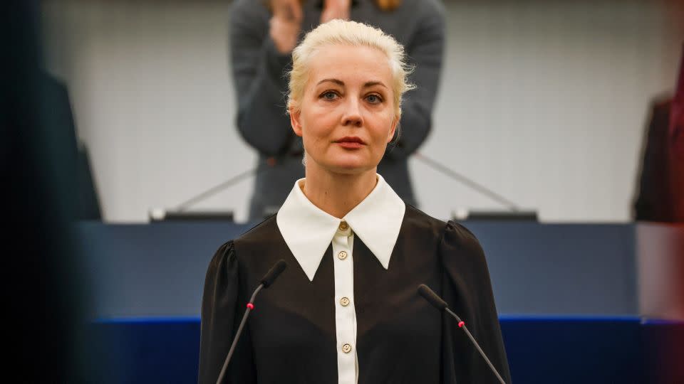 Yulia Navalnaya, the widow of Alexey Navalny, addresses the European Parliament in Strasbourg, France, on February 28, 2024. - Johanna Geron/Reuters