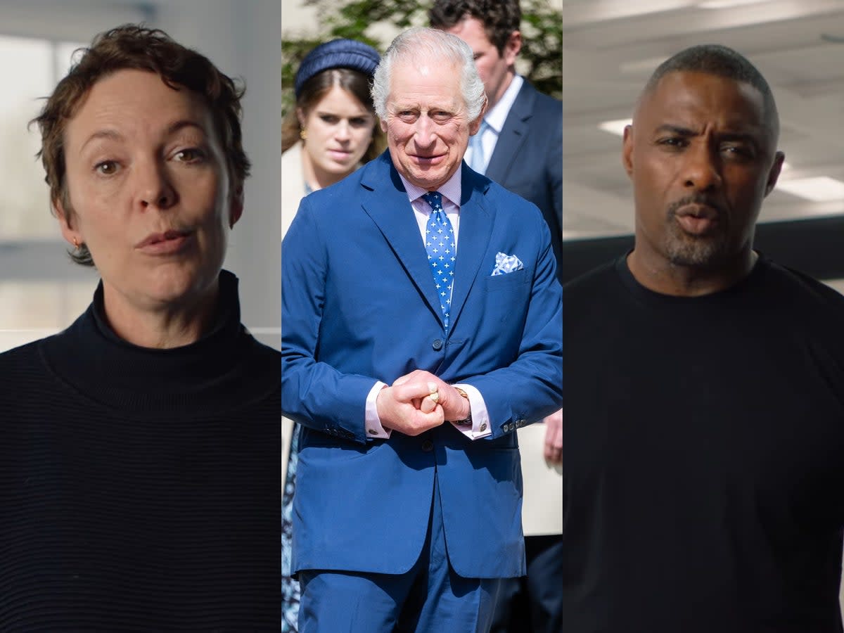 Olivia Colman and Idris Elba are among celebrities and activists who quote King Charles III’s speeches about environmentalism in new YouTube channel (YouTube/Getty)