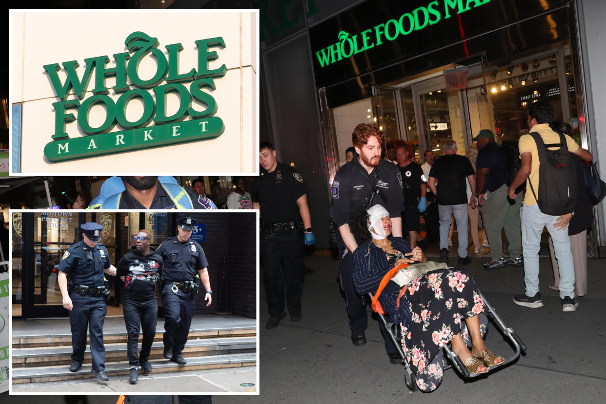 Whole Foods Market sign, top left inset; cops waking Michael Howell handcuffed, bottom left; EMTs wheeling Arkin in a wheelchair outside Whole Foods in Midtown, right.