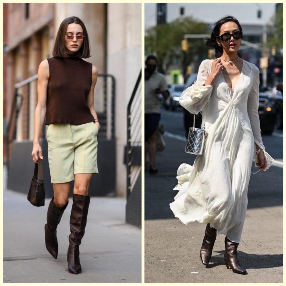 Mary Leest wearing a J. Crew top, Aritzia shorts and Tony Bianco boots; right, Chriselle Lim wearing a Khate dress and silver Chanel bag - Daniel Zuchnik / Getty Images North America 