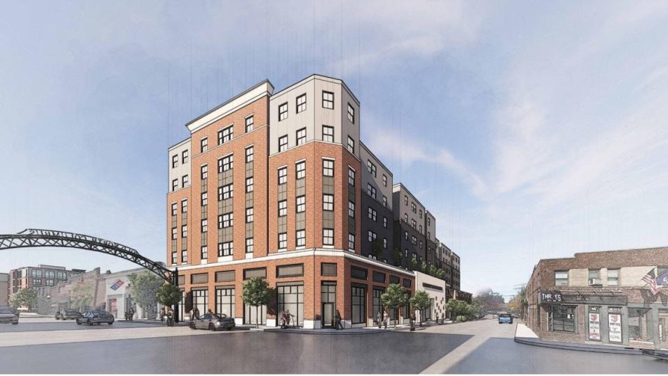 A six-story student-housing and church complex, shown in this rendering, would replace the Little Bar at 2195 N. High St. under a proposal by a Texas developer.