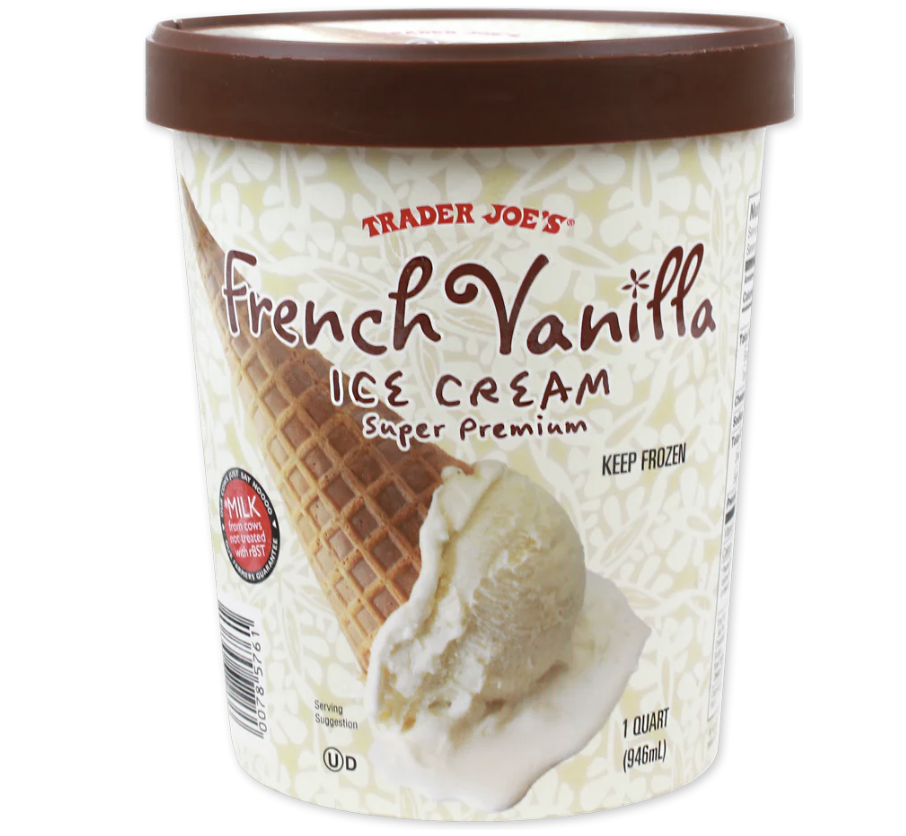 Trader Joe's French Vanilla Ice Cream container, super premium label, with a scoop visible