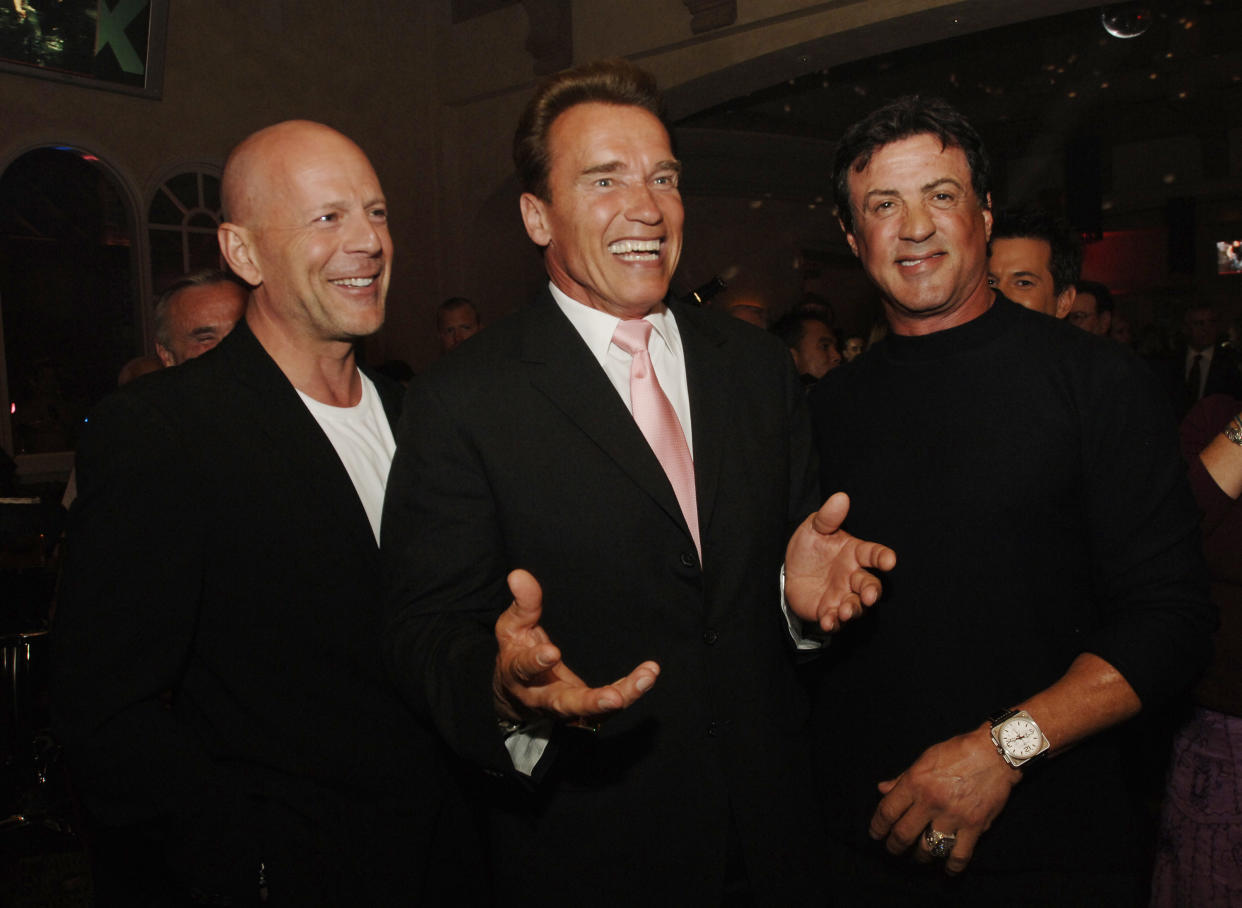 Arnold Schwarzenegger and Bruce Willis Join Sylvester Stallone toCelebrate His 60th Birthday at His Soon-To-Open Planet Hollywood (Denise Truscello / WireImage)